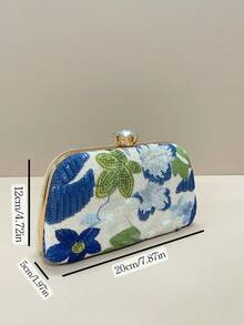 1pc Elegant Shiny Multi-Color Leaf & Floral Patchwork Crossbody Bag, Vintage Chain Strap Evening Clutch, Mini Square Box Handbag, Suitable For Party Girls, Brides, College Students, Young Professionals, Pattern Sent Randomly, Pink, Wedding Theme, Women's Evening Bag - Blue - View 4