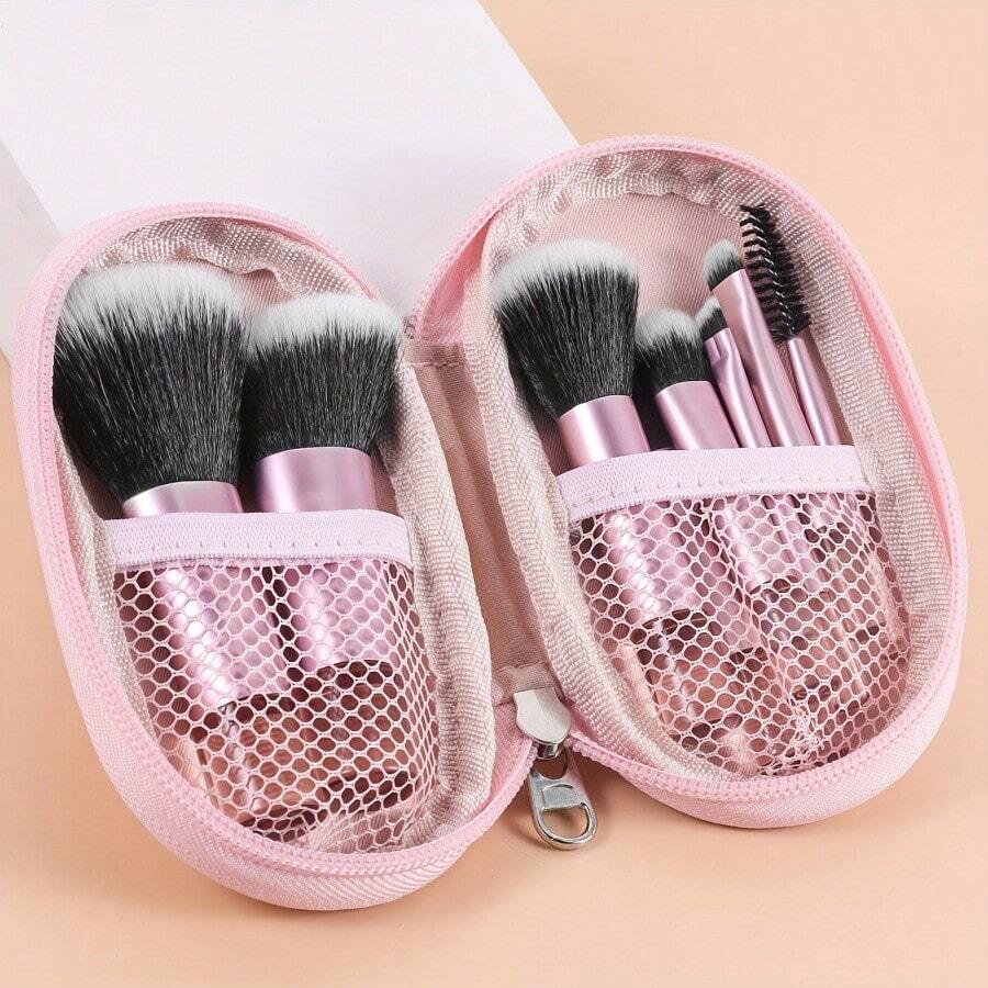 10 piezas/13 piezas Juego de brochas de maquillaje portátil para viaje, mini brochas multifunción para base, mango corto de cristal, diseño compacto para viaje - Incluye brocha para base, brocha para contorno, brocha para rubor, brocha para iluminador, brocha para sombra de ojos, brocha para cejas, brocha para labios, con bolsa con cremallera para guardar - Multicolor - Ver 1