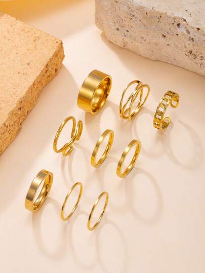 Bộ 9 chiếc nhẫn bằng thép không gỉ thiết kế tối giản hình học, phù hợp cho nữ giới đeo hàng ngày, lễ hội, hẹn hò, đính hôn, cưới, đi chơi, dự tiệc.