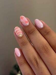 24pcs Oval 3D Sequin Shell & Pearl Nail Art Stickers, Includes 1 Bottle Of Glue And 1 Nail File, Suitable For Women's Daily Work, Study And Party Press On Nails - Multicolor - View 2