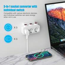 HITRENDS 1 ổ cắm điện tiêu chuẩn Đức với 3 ổ cắm điện AC, điều khiển công tắc độc lập, 16A 250V 3680W, màu trắng, thích hợp cho gia đình, du lịch, văn phòng để mở rộng nguồn điện. - Phích cắm loại EU E (220-240V) - Xem 6