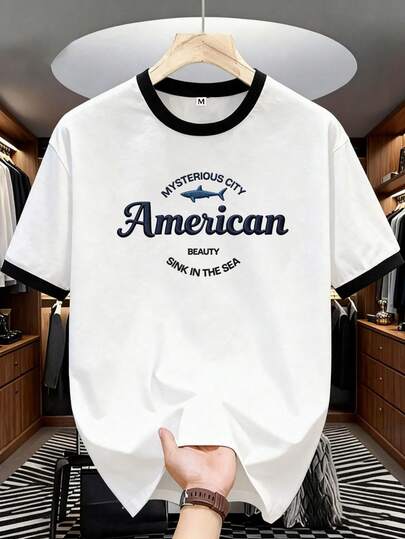 Áo thun nam tay ngắn phối màu tương phản, áo thun cổ tròn in chữ thêu, áo thun tay ngắn in họa tiết đa năng phong cách thường ngày.