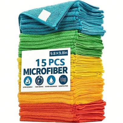 Bộ 15 khăn lau đa năng, khăn tái sử dụng nhanh khô, khăn thấm hút đa dụng phù hợp cho gia đình, nhà bếp, phòng khách, phòng ngủ, phòng tắm và lau chùi vết bẩn trên đồ nội thất.