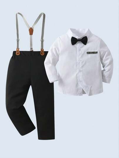 BOARNSEORL 2pcs Young Boys Gentleman Outfit - Long Sleeve Shirt With Bow Tie And Suspender Pants, Fashionable, Suitable For Birthday Party, Gathering, 1st Birthday Celebration, Choir Performance, Formal Attire
