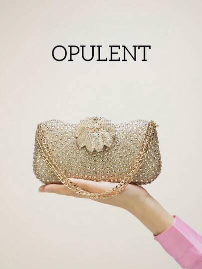 1pc Fashionable Luxury Gold Chain Rhinestone Embellished Clutch Bag, Rainbow Beaded Evening Handbag, Suitable For Formal Occasions Like Dinner Party, Wedding, Banquet, As Gift For Women