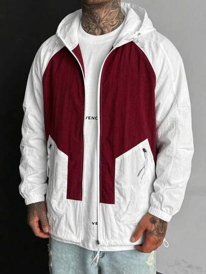 1 Stück Herren Jacke, Weiß & Rot Kontrast Farbkapuzenjacke, Reißverschlusstaschen Design, leicht atmungsaktiv, nicht schwitzend, bequem und pflegeleicht, amerikanischer Vintage Street-Style Langarm Jacke, Lässig Pendler & Streetwear