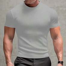 Men's Ribbed Slim Fit T-Shirt (Foreign Style) All Slim Fit None Men's T-Shirts - 灰色 - 查看 2