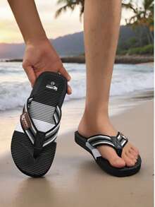 Men's Striped Outdoor Woven Fabric Flip Flops, Lightweight Soft Sole Slip-On Beach Sandals, Spring/Summer - Black - View 3