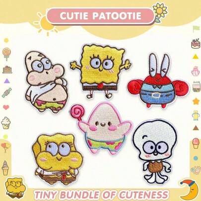 SpongeBob SquarePants 6 piezas Parches de dibujos animados, calcomanías autoadhesivas para planchar, decoraciones creativas DIY, adecuadas para regalos del Día de San Valentín, artículos esenciales para volver a la escuela. Se pueden usar para parchar pequeños agujeros en la ropa, agregar elementos personalizados a mochilas, sombreros y zapatos de lona sencillos, o decorar cuadernos, cajas de regalo y talla grande.