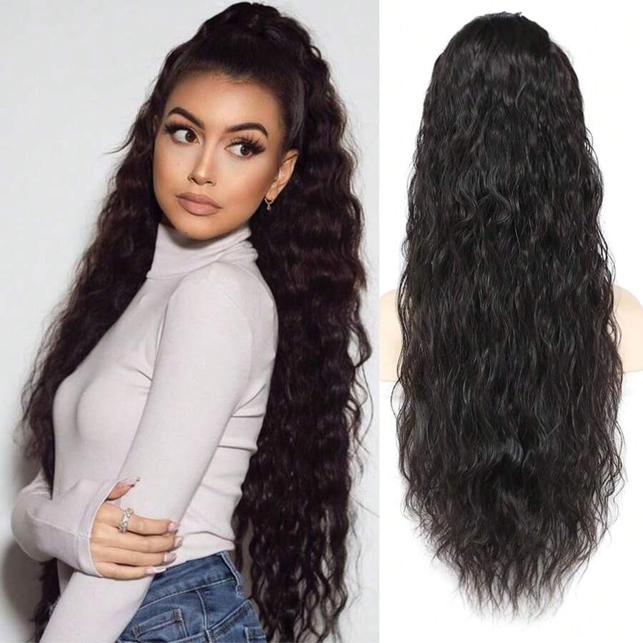 Ponytail Extension, 18/26/30 Inch Drawstring Ponytail Hair Extensions Synthetic Long Curly Wavy Hair Extensions Ponytail Thick Hair Pieces For Women, 2# - 黑棕色 - 查看 1