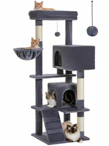 PAWZ Road Cat Tree For Large Cats With Super Large Top Platform, [56.3"=143cm] Tower For Indoor Cats With Hammock And Sleeping Bag, Cat Shelves With Scratching Posts And 2 Houses - 深灰色 - 查看 8