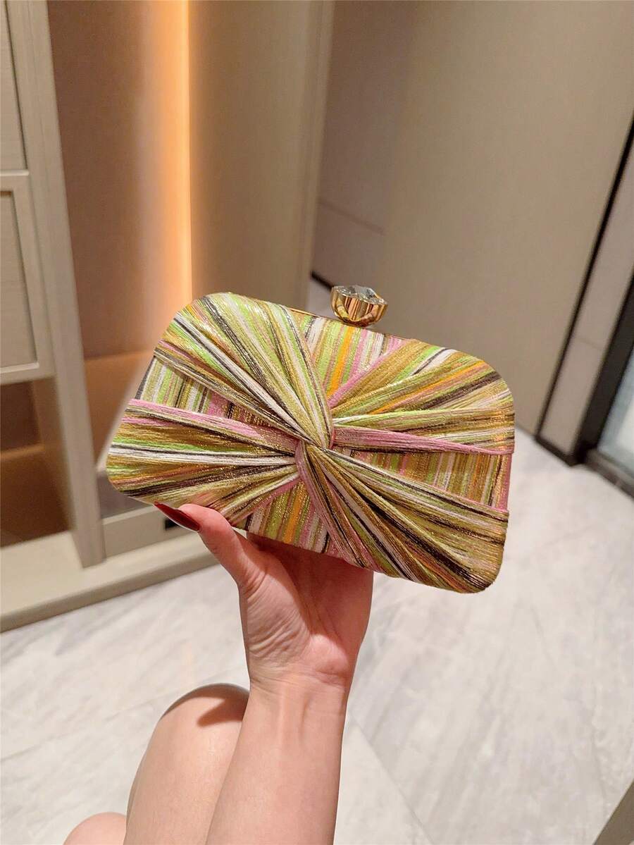 月光之夜包，夏季多色条纹斜挎包，时尚复古链条手拿包，迷你方盒包，适合派对女孩、新娘、大学生、年轻职业人士，百搭派对、舞会、婚礼等场合，完美搭配派对配饰，图案随机发送 - 綠色 - 查看 1