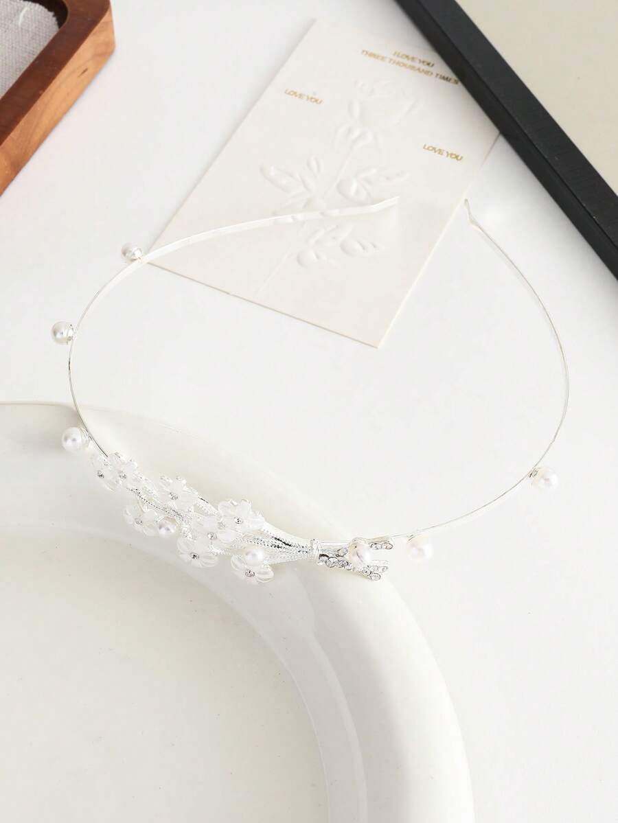 奢华珍珠哑光花朵发箍，精致发圈，百搭优雅发饰 - 銀色 - 查看 1