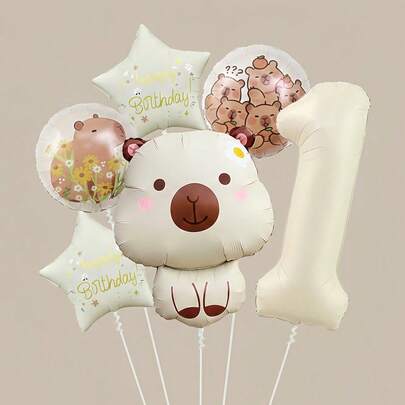 7件套水豚气球套装，包含奶油色数字铝箔气球，适用于生日派对装饰、周年庆典、婴儿派对、拍照道具