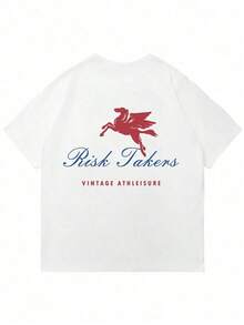 Camiseta de manga corta blanca de estilo retro para hombre |   Estampado de Pegaso rojo y "Risk Takers" en la espalda |   Estilo casual americano - Blanco - Ver 4