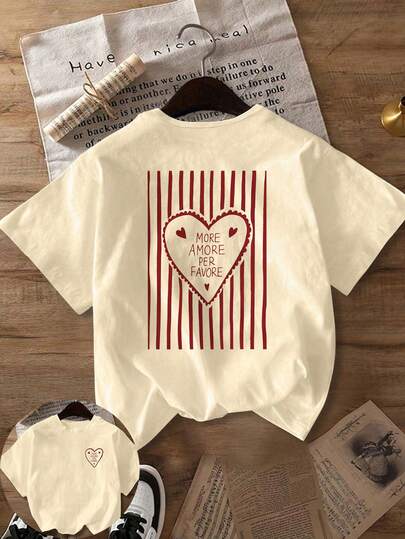 Women's Daily Brown Vertical Striped Double-Layer Heart Pattern T-Shirt, Outer Layer With Fine Line Heart Texture, Inner Layer With Solid Small Hearts, Creating A Warm And Interesting Hand-Painted Feel, Round Neck Short Sleeve Casual T-Shirt For Spring, Summer And Autumn, Suitable For Valentine's Day And Back To School Season