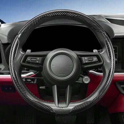 Hocasen Segmented Carbon Fiber Textured Steering Wheel Cover Universal For Cars Sporty Style Non-Slip Comfortable Grip Available In 2 Pieces/3-Piece Sets Quick-Fit Design All-Season Suitable For Round And D-Shaped Steering Wheels 5 Colors Available Black Blue Silver Red White