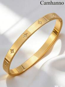 Camhanno 1pc Elegant & Playful Women's Stainless Steel Bracelet - Star Pattern With Sparkling Details, Perfect For Romantic Dates, Adds Subtle Charm To Your Outfit, Lightweight And Comfortable For All-Day Wear, Pairs Well With Feminine Dresses Or Soft Blouses, Enhances Your Graceful And Fashionable Presence During Intimate Moments. - Gold - View 3