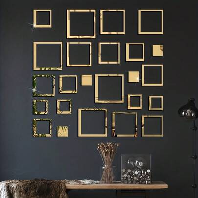 A Pack Of 24 Self-Adhesive Removable Golden Silvery Hollow Square Acrylic Mirror DIY Decorative Wall Stickers For Decorating Living Room, Bedroom, Dormitory, Classroom, Background Wall.