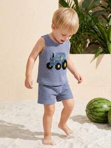2Pcs Summer Outfits Sleeve Tractor Embroidery Tops + Shorts Set Toddler Clothes - Azul - Ver 4