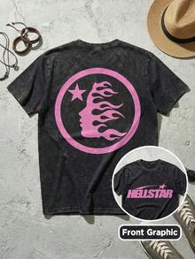 Blue Shooting Star Logo Graphic Tee Unisex Couple Matching Boyfriend Style Hell Star Double Sided Print Electric Color Y2K Aesthetic Acid Washed Cotton Graphic Tees Men Oversized T Shirt Summer Outfits Camisetas Para Hombre,Mens Clothes,Graphic Tee,Summer Clothes,Summer Tops,Easter Outfits,Spring Clothes ,Shirts - 黑5 - 查看 2