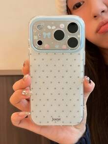 Funda de teléfono con estampado de lunares y lazo de fresa compatible con iPhone 17 Pro Max, 16, 15 Pro Max, con fondo blanco minimalista y marco de lente azul, a prueba de golpes, como regalo - Blanco - Ver 2