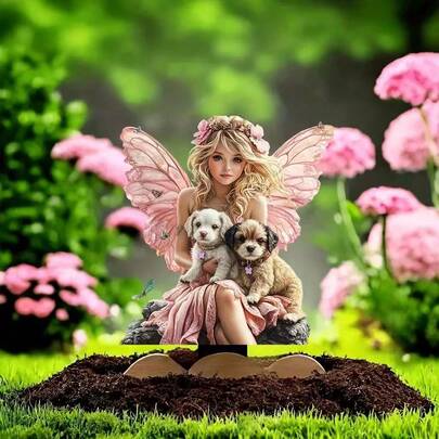 Charming Fairy & Puppy Garden Stake, Acrylic Planter For Indoor/Outdoor, Waterproof & Wear-Resistant