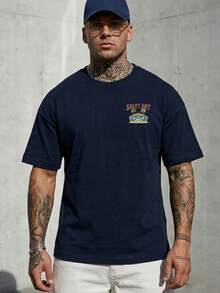 Men's Casual Island Graphic Letter Print T-Shirt - Navy Blue - View 1