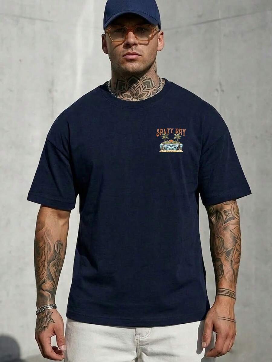 Men's Casual Island Graphic Letter Print T-Shirt - Navy Blue - View 1