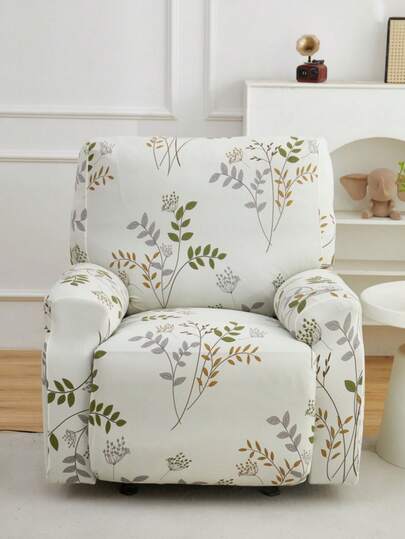 Stretch Milk Silk Printed Recliner Sofa Slipcover, Single Seater, Plant & Floral Pattern, Suitable For Living Room & Study, All Season