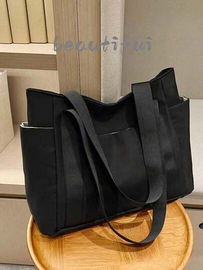 Fashion Solid Color Minimalist Casual Tote Bag For Women, Large Capacity Multi-Zip Pockets Wide Strap, Suitable For Daily Commute, Shopping, Travel, School, Literary School Bag & Book Bag For Women Or Students, Perfect For Books, Shopping, Back To School And More, School Supplies, School Bag, School Handbag
