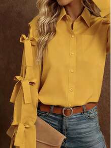 Camisa de manga larga de un solo pecho con lazo decorativo, unicolor blanco para primavera - Amarillo Mostaza - Ver 4