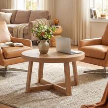 30'' Round Coffee Table W/Solid Wood Cross-Shaped Base.Farmhouse Accent Tea Table - Natural - View 4