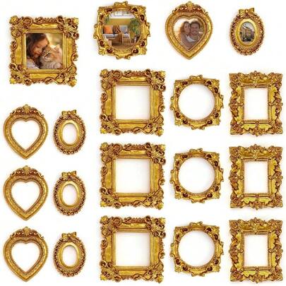 15 个迷你复古相框，小型树脂仿古相框，金色小相框，适用于 DIY 墙挂珠宝展示摄影派对酒店家居装饰（迷你相框B）
