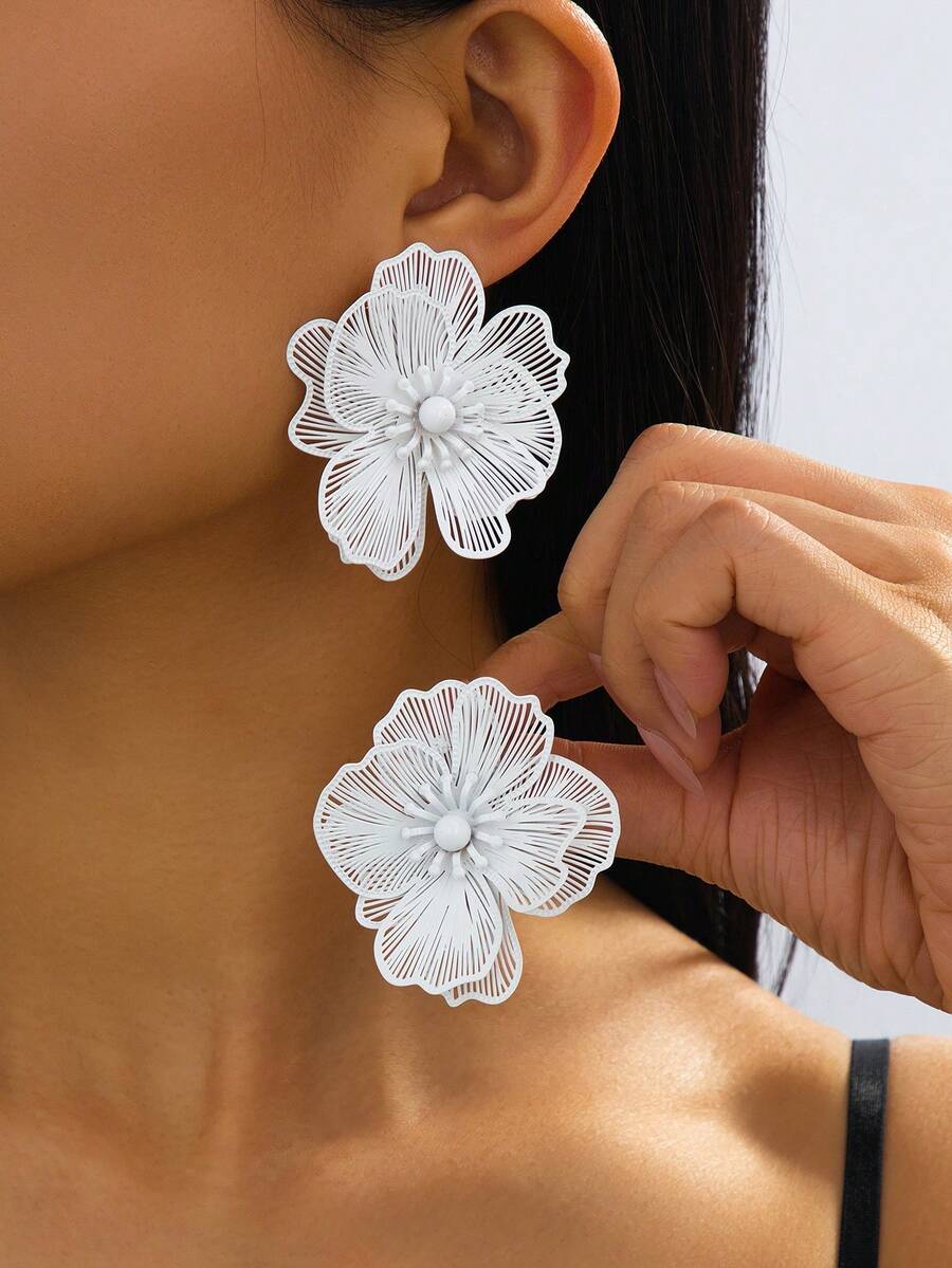 1 Đôi bông tai họa tiết hoa lá hình học bất đối xứng cổ điển, món quà độc đáo dành cho phụ nữ, thích hợp cho các câu lạc bộ đêm. - trắng - Xem 1