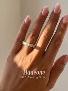MADEONE 1pc 925 Sterling Silver Minimalist Geometric Sparkling Cubic Zirconia Ring, Basic Single Ring, Delicate Jewelry, Suitable As Birthday, Party, Wedding Gift For Women - Five-star Diamond Ring - View 3