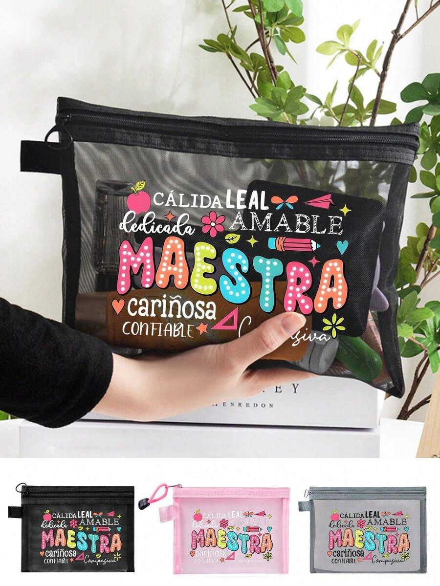 Maestra字母图案网眼化妆包,彩虹爱心透明化妆包,字母拉链化妆袋,透明网格收纳袋/洗漱包,便携式化妆包,适合存放化妆品、护肤品和浴室用品,是送给她、老师、母亲、朋友、宿舍、母亲节、毕业典礼、旅行、复活节、返校季的绝佳礼物。化妆包,化妆品收纳整理袋,化妆品收纳洗漱包,旅行洗漱包,度假必备,女士旅行礼物。 - 彩色 - 查看 1