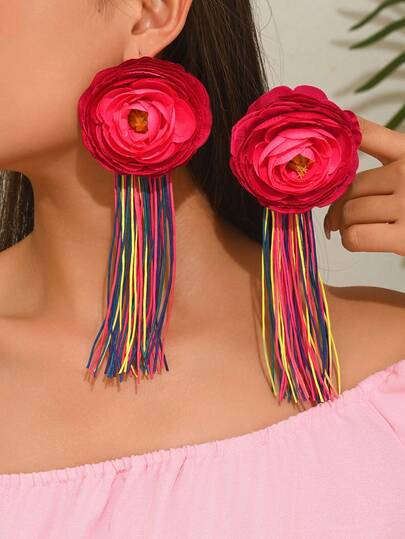 1 Pair Exaggerated Geometric Tassel 3D Fabric Flower Earrings For Women (Tassel Color Random)