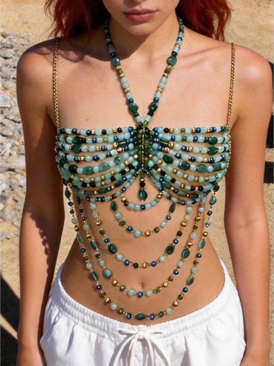 Beaded Body Chain, Blue And Green Artificial Crystal With Gold Accents,Mermaid Costume Bra Rave/Festival/Burlesque Bra Top - màu xanh lá - Xem 1