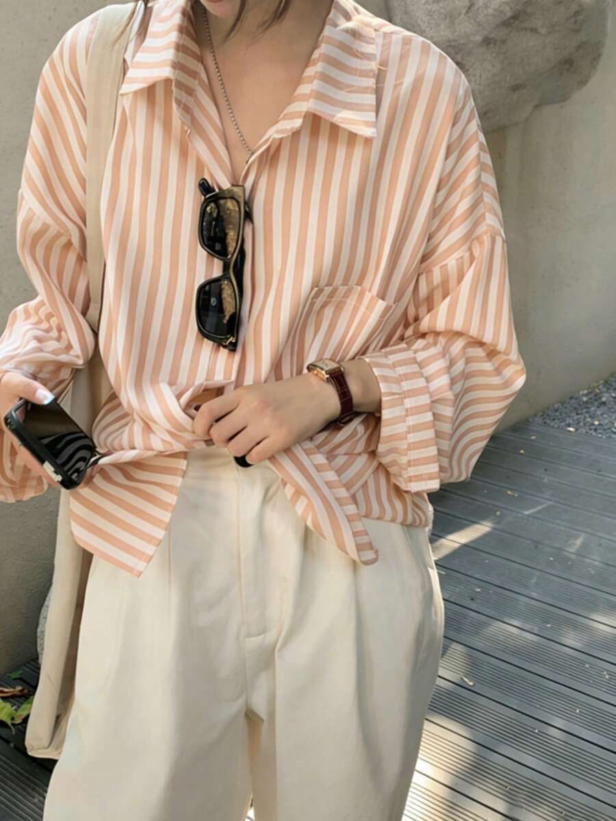 条纹印花口袋前开襟纽扣休闲长袖衬衫 - 黃色 - 查看 1