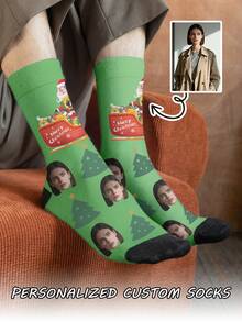 1 Pair Customized Text/Photo Printed Mid-Calf Socks, Personalized Handsome Guy/Beautiful Girl/ Officer Design, Interesting Customized Image Couple Socks, Suitable For Valentine's Day, Birthday Gifts And Other Occasions - Multicolor - View 3