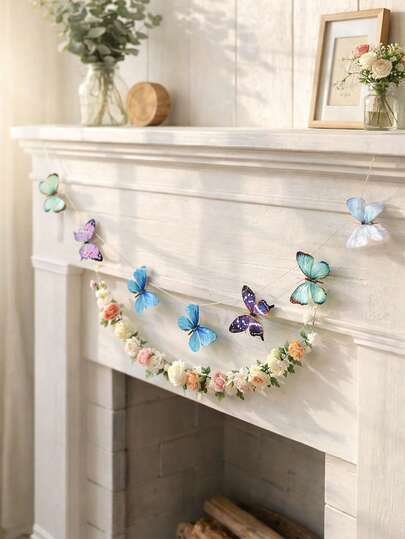 1件彩色蝴蝶花环装饰，波西米亚风蝴蝶挂饰，春夏季节墙面装饰，优雅蝴蝶帘，适用于客厅、卧室、墙面、玄关、公寓、宿舍、办公室、工作室，是派对、婚礼、婴儿派对的完美之选，简约现代温馨家居装饰点缀