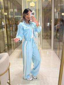 Women's Two-Piece Set: Long-Sleeved Jacket And Wide-Leg Pants - 淺藍色 - 查看 1