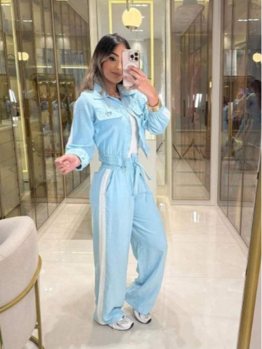 Women's Two-Piece Set: Long-Sleeved Jacket And Wide-Leg Pants - 淺藍色 - 查看 1