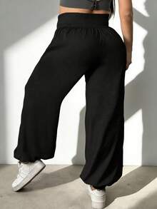 1pc Plus Size Women Casual Lantern Sports Jogger Pants, High Waist Elastic Waistband Design No Bulging, Side Pockets, Elastic Leg Openings Flattering Leg Silhouette, All-Match Daily & Workout Essential Pants, Spring/Summer - Black - View 2