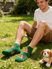 1 Pair Men's Green Cartoon Hunting Dog Pattern Socks, Casual Socks For All Seasons - Multicolor - View 4