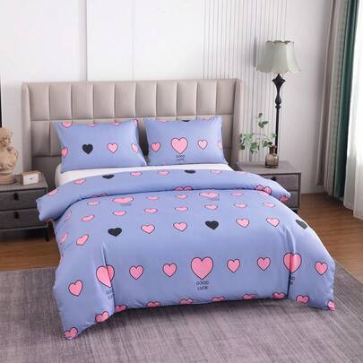 3pcs Gray Blue Pink Heart Print Bedding Set, 1pc Duvet Cover + 2pcs Pillow Shams (Inserts Not Included), Cozy & Breathable, Suitable For Bedroom, Guest Room, Hotel, Holiday Decor, Gift