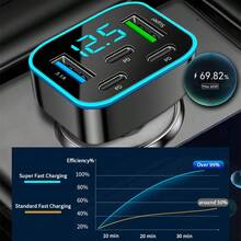 1個多口 3PD 2USB 車用充電器，快速充電 PD QC3.0 USB C 車用手機充電器 Type C 轉接頭 | 支援多台裝置同時快速充電，附即時數位顯示 - A - 查看 3