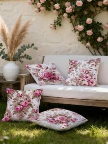 Conjunto de 4 capas de almofada de veludo rosa, estilo retrô, macias e com toque de pele de pêssego, estampa em um lado, decoração com tema de rosas, ideal para festas de aniversário, aniversários, com laço rosa, perfeitas para o Dia das Mães, chá de panela, laváveis à máquina, perfeitas para sala de estar, sofás, casa, quarto, decoração festiva, lembrancinhas, chá de bebê e ideias para presentes (enchimento não incluso). - Rosa - Ver 5