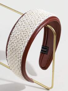 1条女士时尚优雅宽檐真皮发带，适合日常佩戴 - 米色 - 查看 2